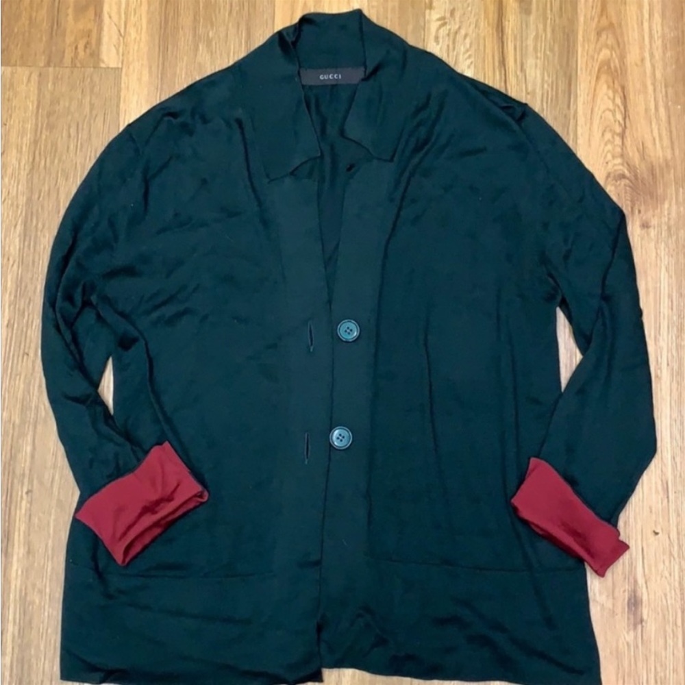 GUCCI Red & Green Silk Colorblock Cardigan Blazer Sweater w/ Hanger Large